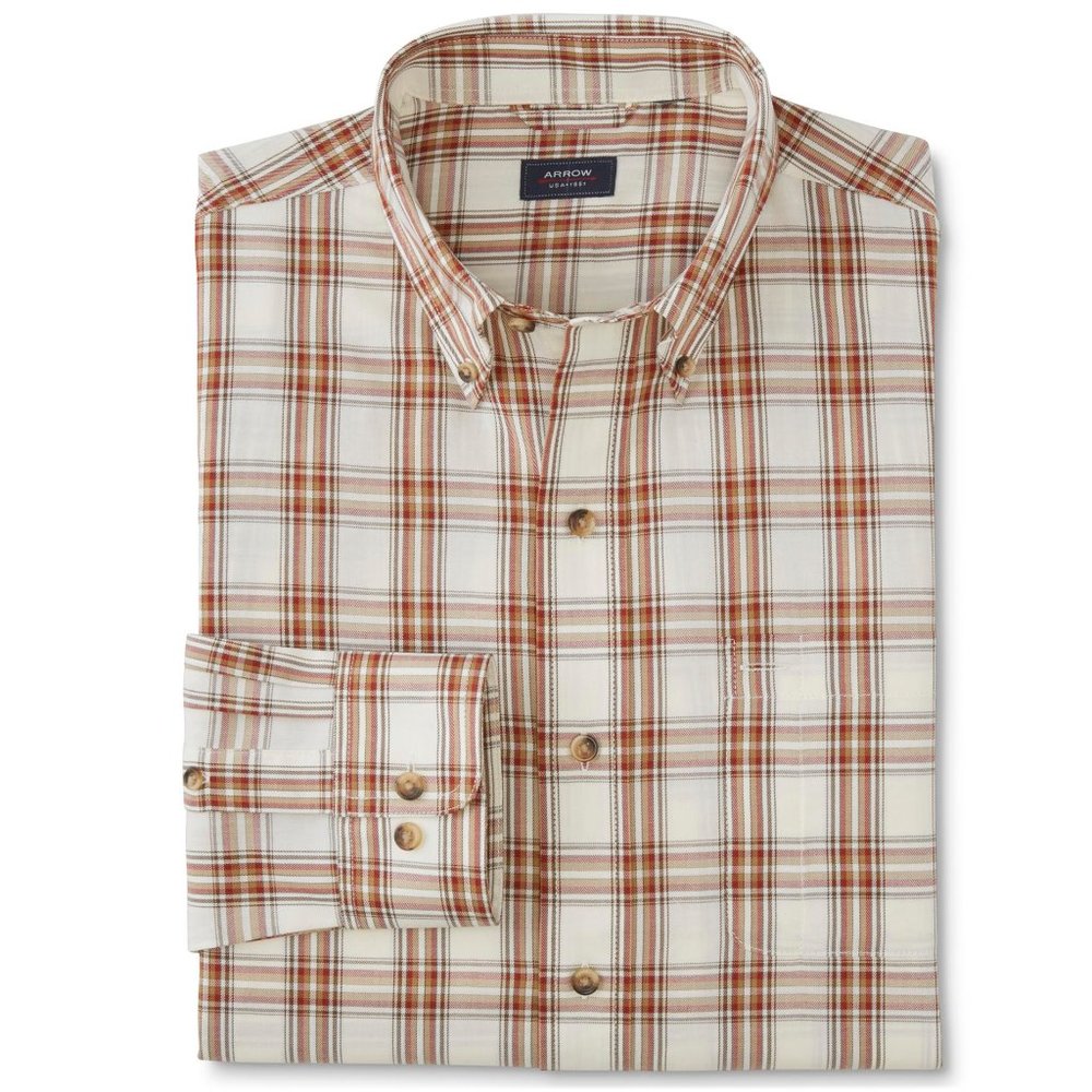 Arrow Men's Wrinkle FREE Button Up  Ivory Plaid Long Sleeve Shirt XL